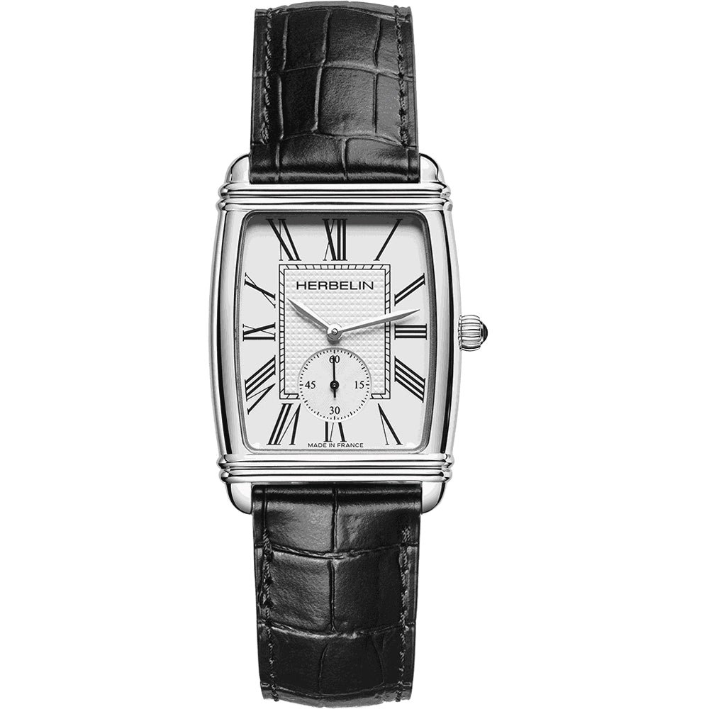 Art Deco SS White Dial Black Leather