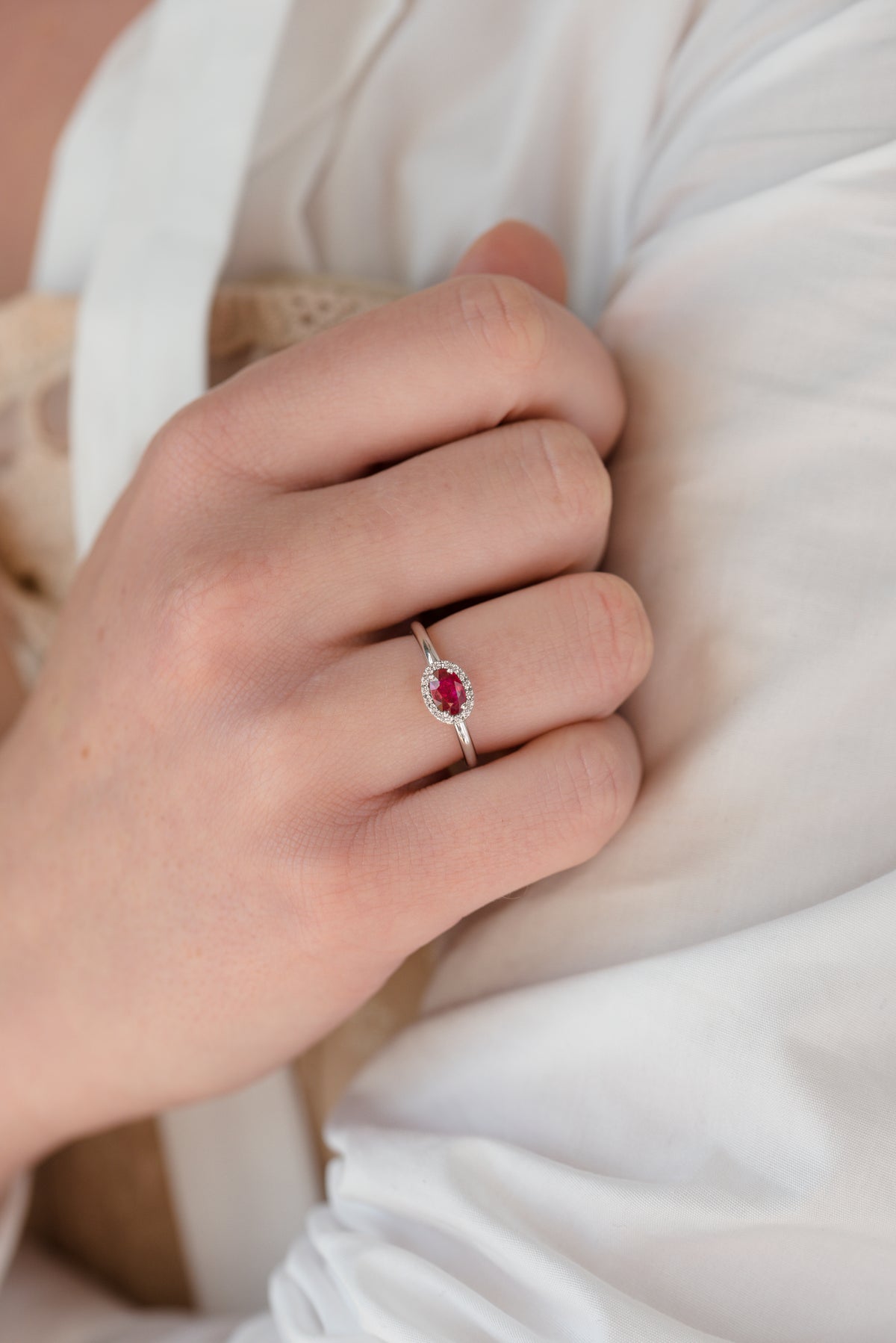 Eleanor engagement ring white gold, ruby and diamonds