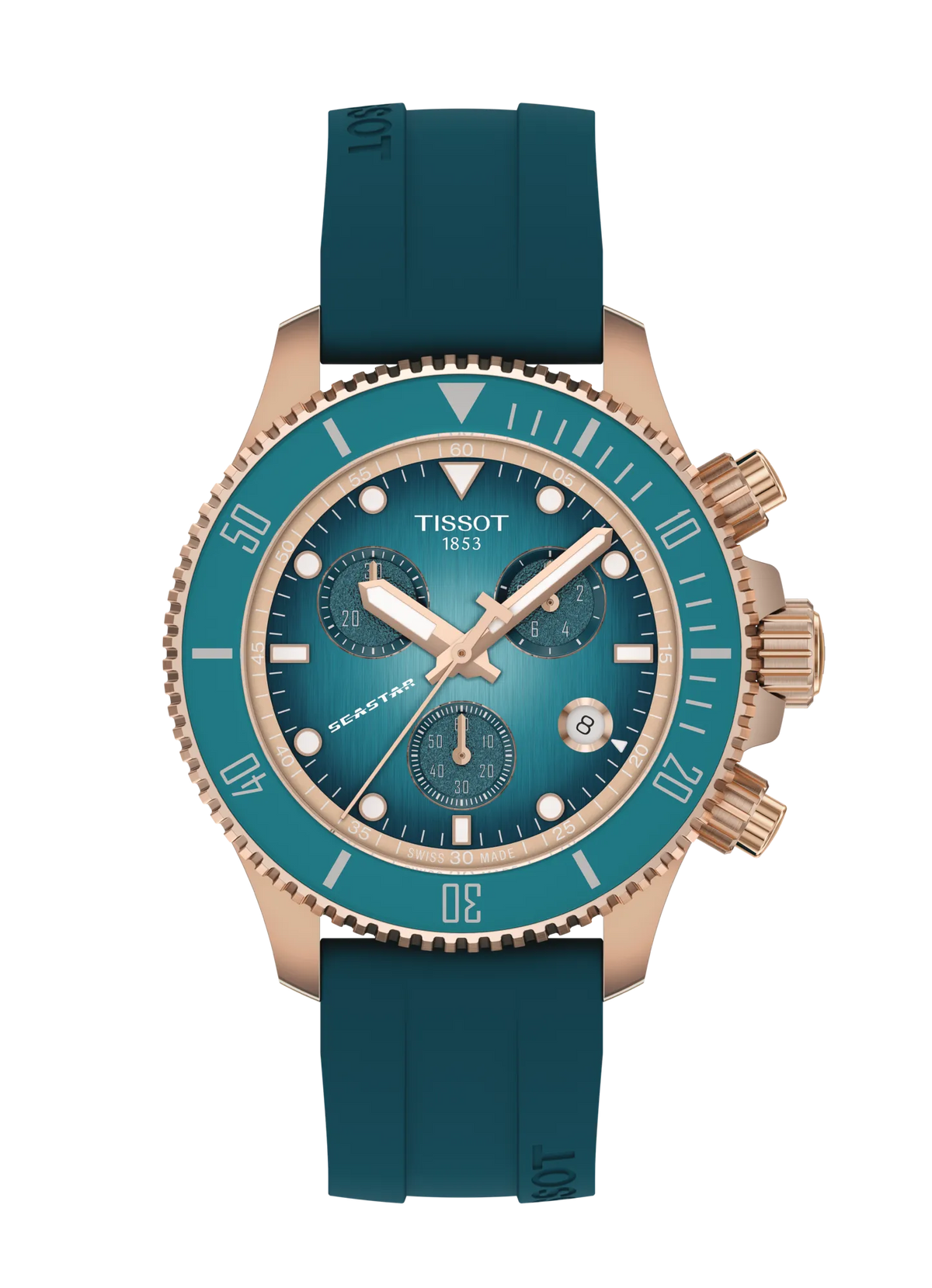 Seastar 38mm Rose Gold PVD Turquoise Green Rubber