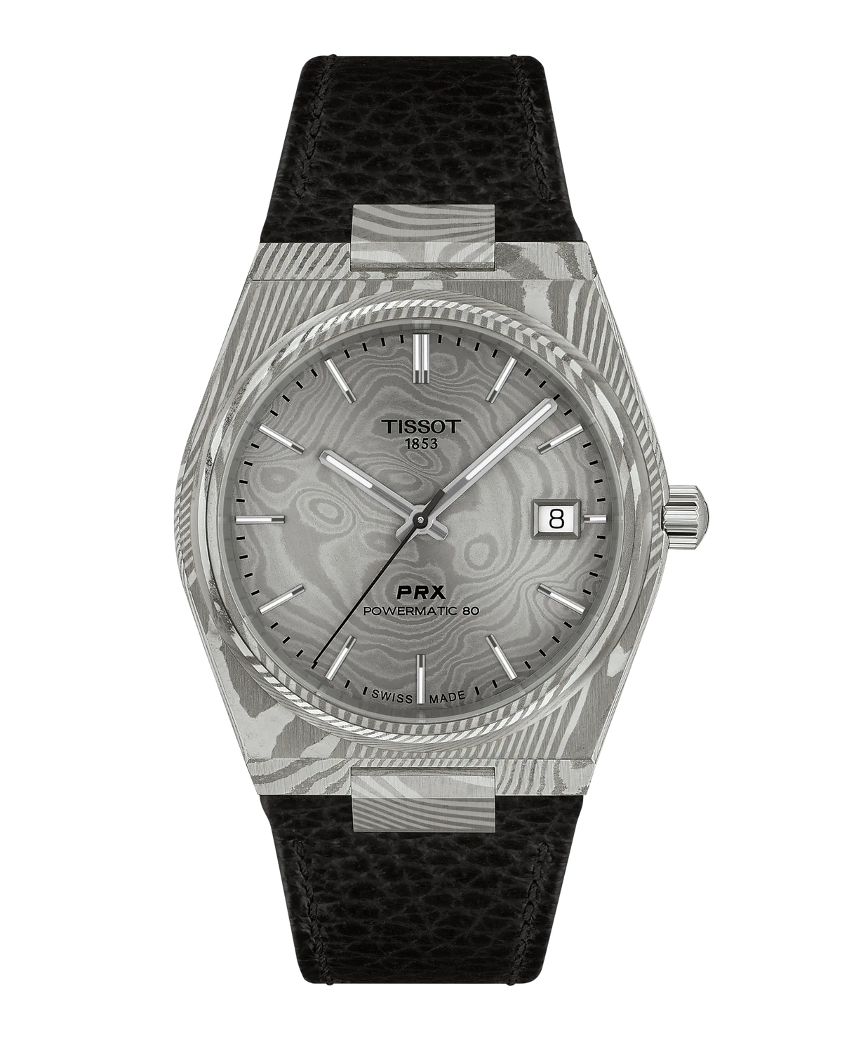 PRX 38mm Damascus Steel Black Leather