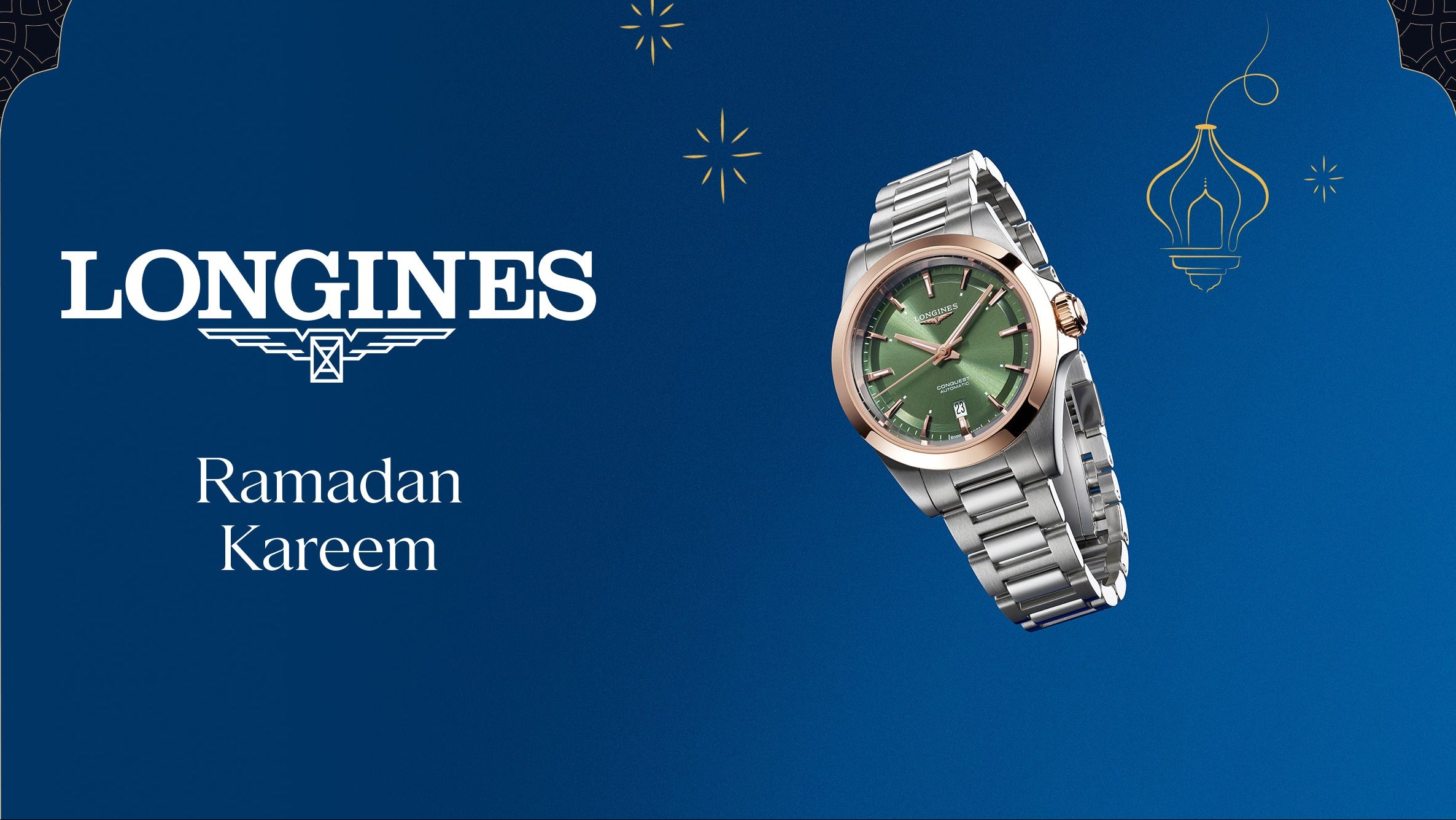 Longines watch with green face and silver case on a blue background with Ramadan Kareem text